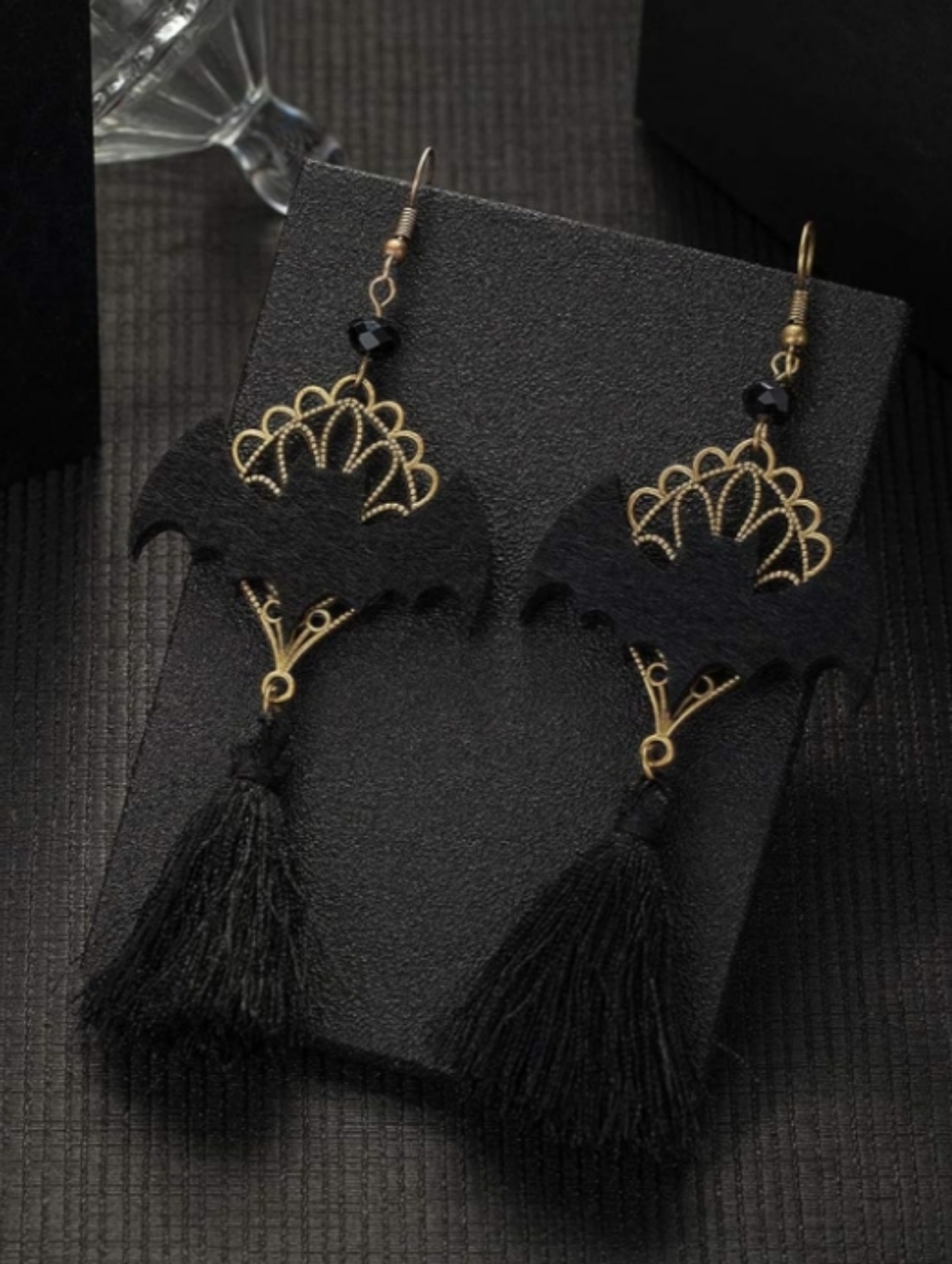 Bronze French Wire Black Bat Tassel Drop Earrings NWT - Picture 2 of 5